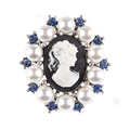 Vintage cameo brooch with white portrait, blue rhinestones and pearls on antique silver - xz4352 Portrait Relief