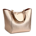 Golden faux leather tote bag with metallic texture and gold hardware accessories - Rose Gold