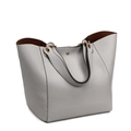 Grey leather tote bag for women with red-brown interior and gold hardware detail - Gray