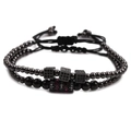 Set de pulseras apilables con cuentas, cubos de circonita negra y cilindro incrustado - Serie B / Color gunmetal