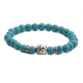 Bracciale con perle di turchese e agata da 8mm con testa di Buddha d'argento e strass - Stile Ciondolo Testa di Buddha / Turchese Blu Cielo