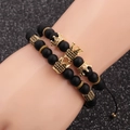 Crown bracelet set with matte black beads and gold-plated micro-pave charms for men - Matte Crown Set