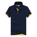 Men's navy blue polo shirt with yellow contrast trim on collar and cuffs, flat lay view - Navy Yellow