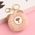 Pink faux fur teddy bear keychain with mushroom embroidery and gold lobster clasp - Light Pink