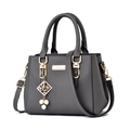 Minimalist large tote bag in dark grey pebble leather with golden hardware and pearl charm - Dark Gray With Pearl Pendant