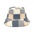 Winter sheepskin-style checkered bucket hat in blue and beige with plush texture - M (56-58cm) / Gray
