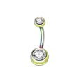 Macro shot of curved barbell navel ring in rainbow finish with two clear zircons - Multicolor With Rhinestones