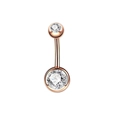 Close-up of rose gold stainless steel belly ring featuring two sparkling round-cut crystals - Rose Gold Zirconia