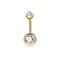 Detailed view of curved gold barbell belly ring featuring two sparkling clear gemstones - Gold with Stone
