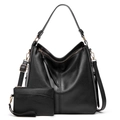 Set of black textured PU leather tote bag and matching clutch with gold hardware detail - Black Zirconia Set