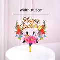 Golden Happy Birthday cake topper with colorful floral design and 10.5cm width - Round Wreath Happy Birthday