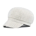 Elegant white tweed newsboy cap with gold silk accents and retro houndstooth pattern - One Size / White