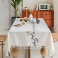 Beige cotton linen tablecloth with floral embroidery and white tassel fringe edges - 140*260cm / Pink Grey Yellow