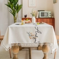 Beige linen tablecloth with floral embroidery, fringe tassels and And You text design - 140*260cm / Orange Yellow Grey