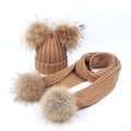 Detailed knit texture of caramel winter hat and scarf set with dual faux fur pom-poms - Double Pom Pom Set / Khaki