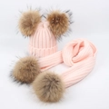 Pink knit hat and scarf set for kids featuring four large brown faux fur pom poms - Double Pom Pom Set / Pink