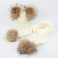 Detailed knit texture of children's cream winter hat and scarf set with large fur pom-poms - Double Pom Pom Set / White