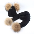 Winter set with black knitted hat and scarf featuring large brown faux fur double pom-poms - Double Pom Pom Set / Black