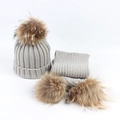 Winter light grey knit hat and scarf set with large fluffy brown raccoon fur pom poms - Single Pom Pom Set / Gray
