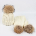 Cream knit beanie and scarf set featuring large fluffy faux fur double pom-poms - Single Pom Pom Set / White