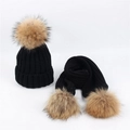 Kids winter knit hat and scarf set in black featuring large fluffy brown faux fur pom poms - Single Pom Pom Set / Black
