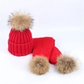 Red knit children's winter hat and scarf set with fluffy brown faux fur pompoms - Single Pom Pom Set / Red