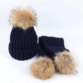 Navy blue winter knitted hat and scarf set with large brown faux fur pom-poms for kids - Single Pom Pom Set / Navy Blue