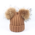 Kids knitted beanie hat and scarf set in caramel brown with double faux fur pom-poms - Double Pom Pom Hat / Khaki