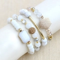Set of four stacked bracelets with white beads, gold accents and hexagon charm - White/Gold/Geometric Tag (BCSET119)