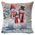 Nordic Christmas pillow cover featuring an artistic oil painting of a snowman family in snow - BZ0888-24 (Snowman Family)