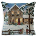 Winter snow scene pillow cover with stone house and dog on linen texture fabric - BZ0888-25 (European Winter Snow Scene)