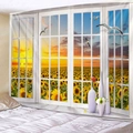Tapiz con vista de ventana a campo de girasoles y atardecer para decorar dormitorios - 150x130cm / Vista de Ventana de Girasol(200718-2)