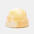Macro detail of tie-dye knit beanie showing orange rib-stitch texture and premium fabric - M (56-58cm) / Stripe Yellow White Tie-Dye
