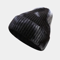 Close-up of tie-dye knit beanie showing rib-knit texture and soft black and grey yarn - Color 2 (Solid Black)