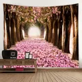 Détail d'une tapisserie de sentier de cerisiers en fleurs dans un salon chaleureux - 230x150cm / Sentier de forêt de cerisiers en fleurs