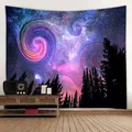 Tapisserie murale nébuleuse étoilée et silhouette de forêt pour chambre - 230x150cm / Silhouette de forêt de nébuleuses