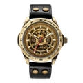 Retro skeleton automatic mechanical watch with brass case and rivet leather strap - Black Leather Strap Style