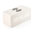 Brown wood digital LED alarm clock with top wireless charging pad and white display - White Wood White Light