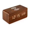 Brown wood digital alarm clock with wireless charging pad showing time and temperature - Brown Wood White Light