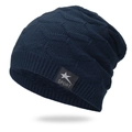 Detail of navy knit beanie showing thick fleece lining and sport star woven label - One Size / Navy Blue