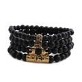 Men's 4-piece black matte stone bead bracelet set with gold crown and cross charms - Four-Piece Set / Gold