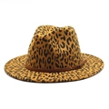 Stylish yellow leopard print wool fedora hat with wide brim and brown leather buckle band - M (56-58cm) / Khaki Leopard