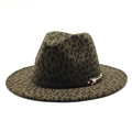 Classic leopard print fedora hat with wide flat brim and black leather decorative band - M (56-58cm) / Army Green