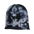 Detail of tie-dye knit beanie featuring black and grey patterns with natural rolled edges - Black