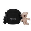 Black canvas crossbody bag with front zipper pocket and cute brown teddy bear charm - Black with Bear Charm