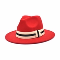 Classic red wool fedora hat featuring a black and white striped ribbon band - M (56-58cm) / Red
