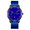 Close-up of men's business watch featuring a deep blue dial and matching Milanese mesh strap - Blue Dial Black Case Blue Strap