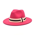 Detail of rose red fedora hat with a striped beige and black ribbon on white background - M (56-58cm) / Rose Red