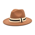 Classic brown wool fedora hat with wide brim and striped grosgrain band for men and women - M (56-58cm) / Khaki