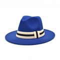 Detail of royal blue wool fedora hat with a striped ribbon band on a white background - M (56-58cm) / Sapphire Blue